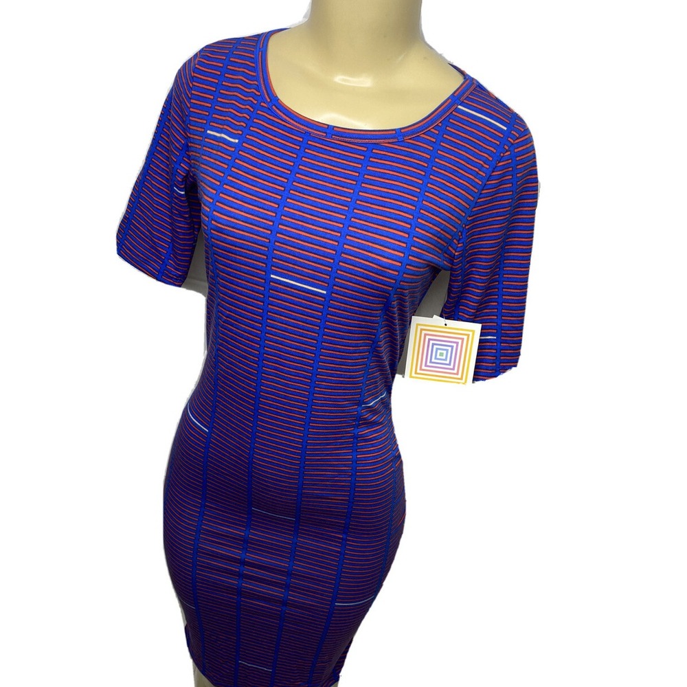 LuLaRoe Julia Dress Women Sz XS Blue Striped Short Sleeve Boat Neck Midi NWT